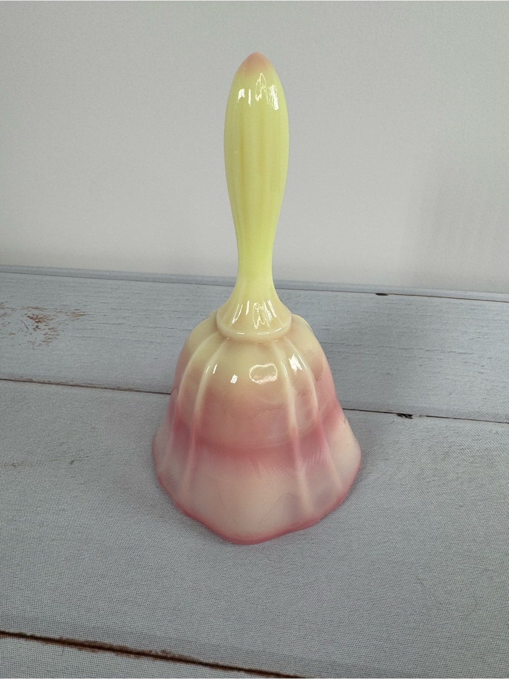 Vintage Fenton Burmese Glass Bell Yellow to Pink Shaded Ribbed Handbell